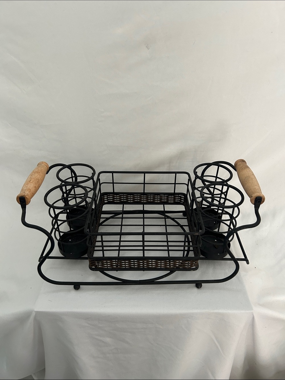 Black Metal Cutlery & Condiment Caddy with Wooden Handles